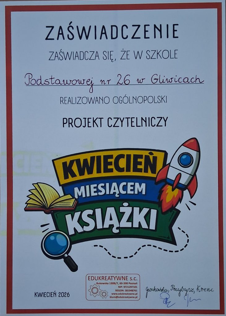 Zaświadczenie o udziale MOS Gliwice w akcji Kwiecień MIesiącem Książki