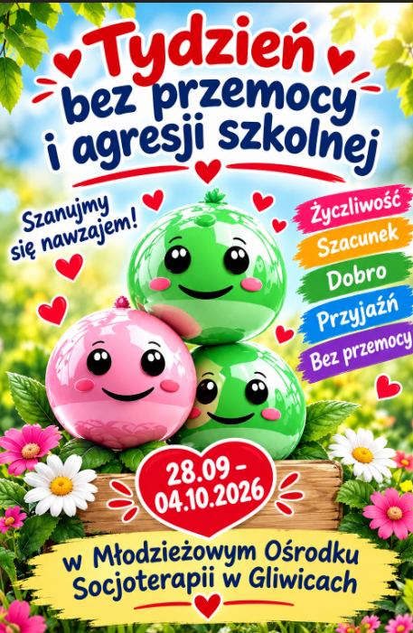 Plakat promujący Tydzień bez przemocy i agresji szkolnej w MOS Gliwice 28.09 - 04.10. 2026